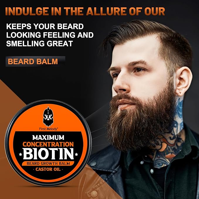Beard Balm, 2X Concentration Biotin, with Castor Oil and Argan & Jojoba Oils, Promotes Beard Growth, Styles, Strengthens & Softens Beards & Mustaches, 2 Ounce
