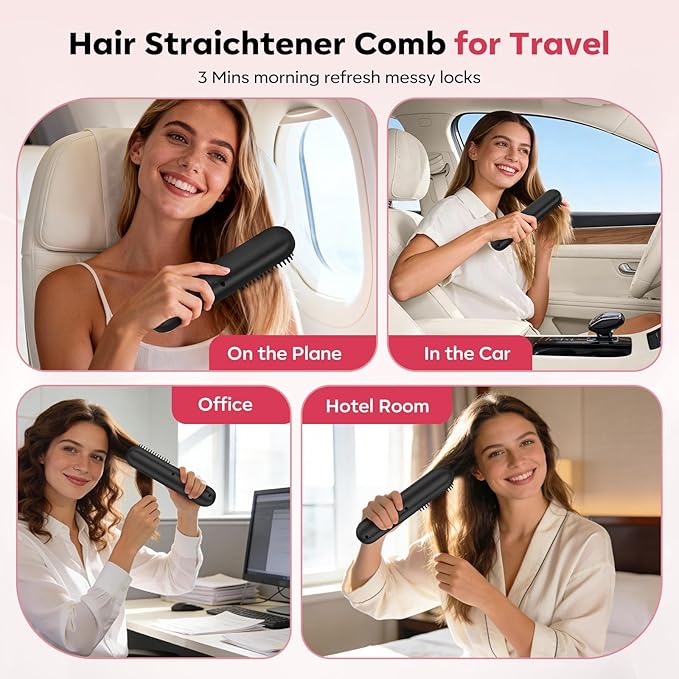 Go Brush Pro 2026 Hair Straightener Brush 300 Million Negative Ionic Portable Hair Straightener Comb for Women with 4 Temps Fast Heating MCH Ceramic Coating Smooth Frizz - Free Hair Shining Black