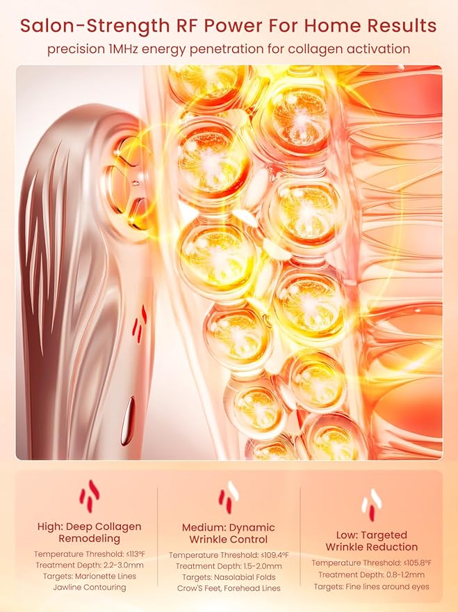 RF Radio Frequency Facial Device, 1MHz RF Machine for Anti-Aging & Face Lifting, Wireless Skin Tightening for Wrinkles & Jawline, 3 Modes for Home Use with Gel