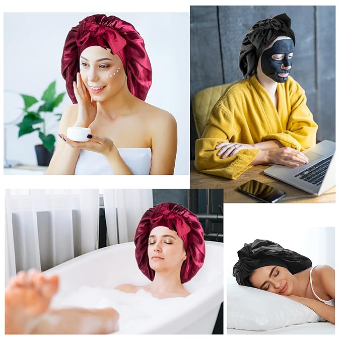 Arqumi Pack of 2 Satin Sleeping Bonnet, Large Sleep Bonnet with Elastic Long Strap, Adjustable Sleep Cap Hair Bonnet for Women & Men,Black+Red