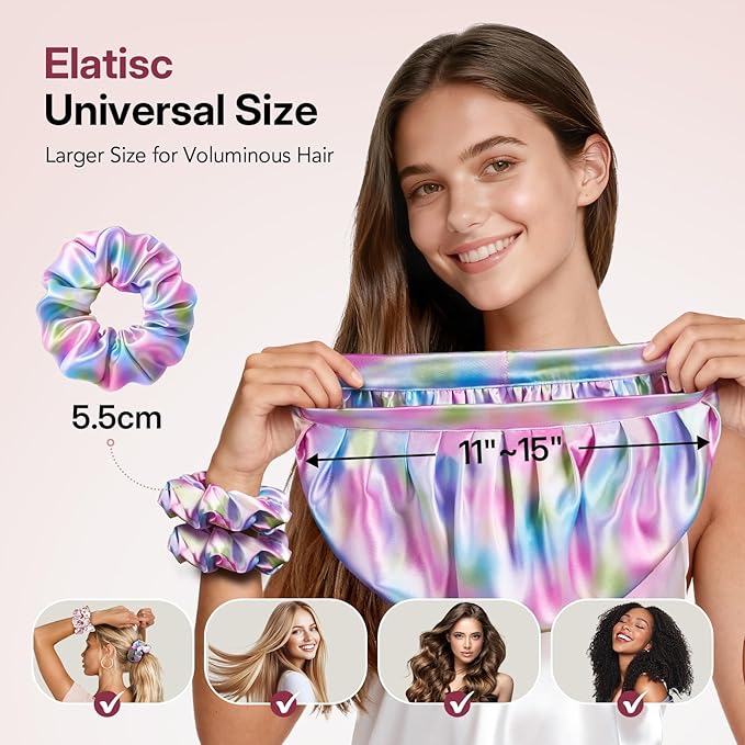 LitBear Silk Satin Bonnet for Sleeping Women, Adjustable Double Layer Hair Bonnet with Scrunchies for Curly Natural Hair, Non Slip Softer Night Sleep Cap