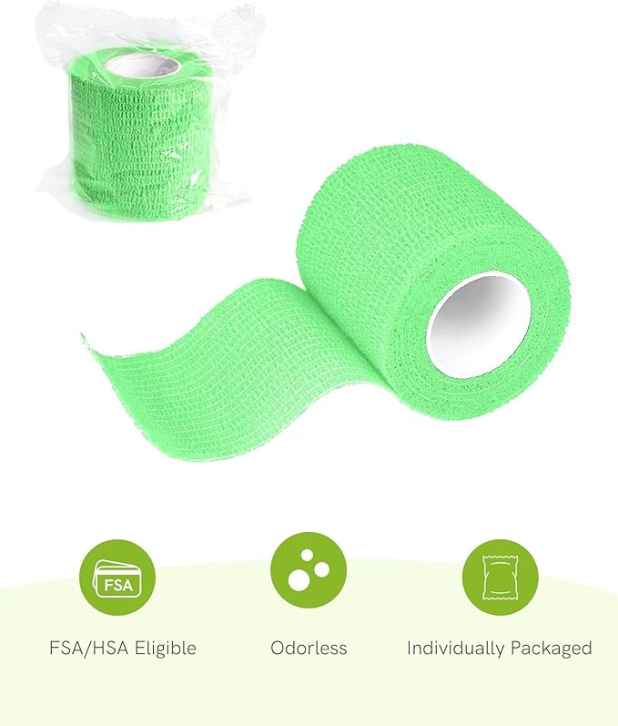FriCARE Self Adhesive Bandage Wrap, Medical Tape in First Aid Kit, Cohesive Bandages for Wounds Sport Vet, 2 Inches X 5 Yards 6 Rolls, Fluorescent Green