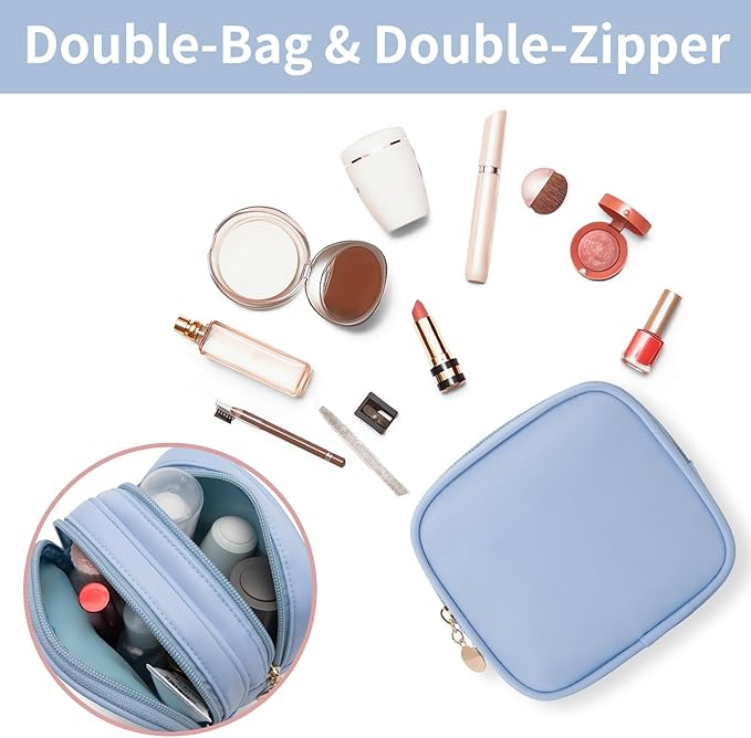 Small Makeup Pouch, Double Zipper Cosmetic Bag, Travel Makeup Bag, Cute Makeup Bag for Purse, Mini Toiletry Bag (blue)
