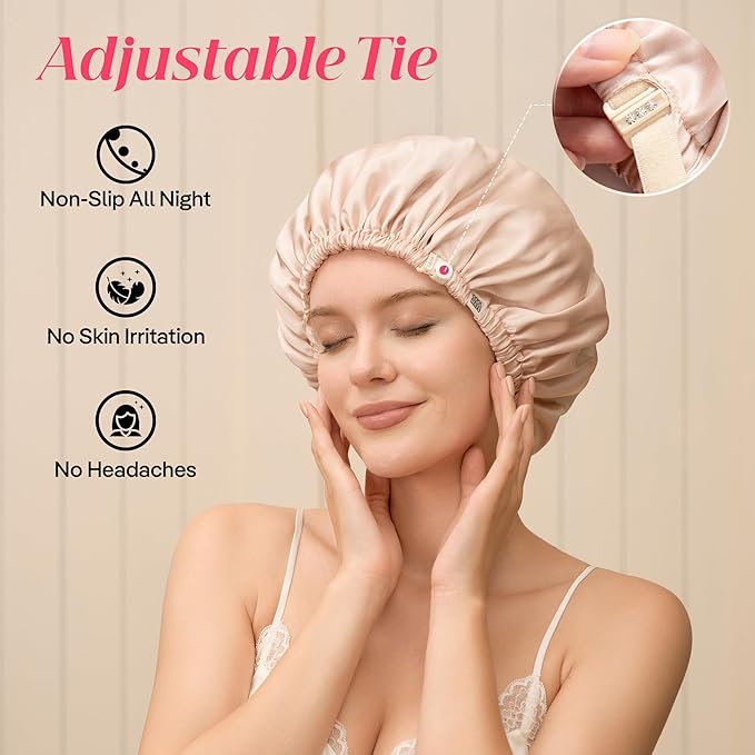CoolMate Adjustable Satin Silk Bonnet for Sleeping Women, Tie Double Lined Silk Bonnet for Women Long Hair