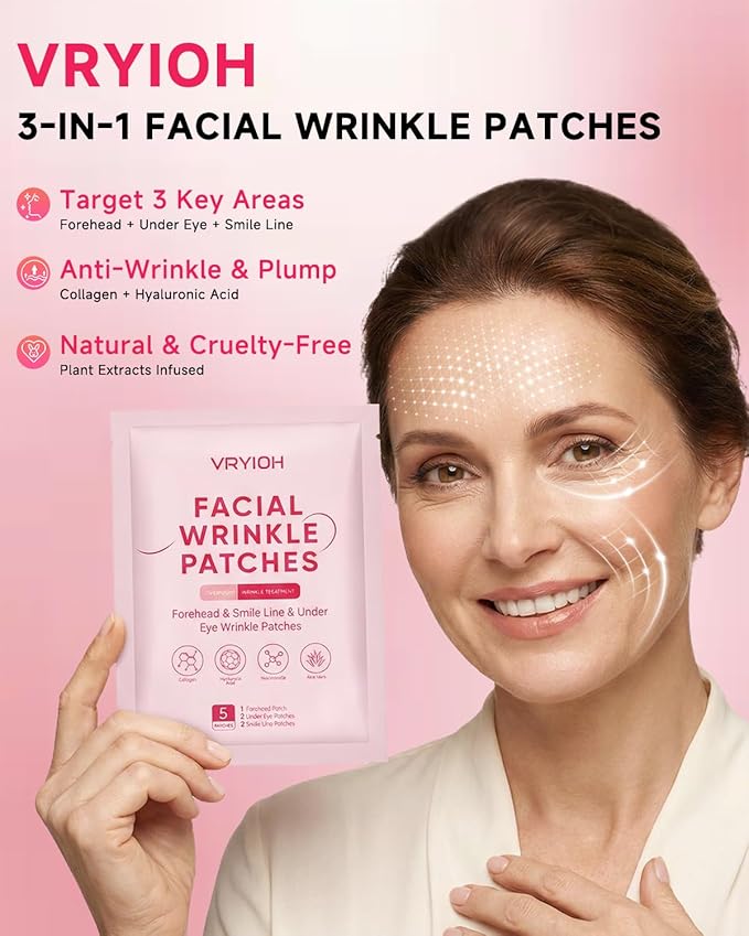 Vryioh 3 IN 1 Forehead, Smile Line & Under Eye Wrinkle Patches, Overnight Facial Wrinkle Treatment with Hyaluronic Acid, Collagen to Lift Lines for Women, 60 Patches