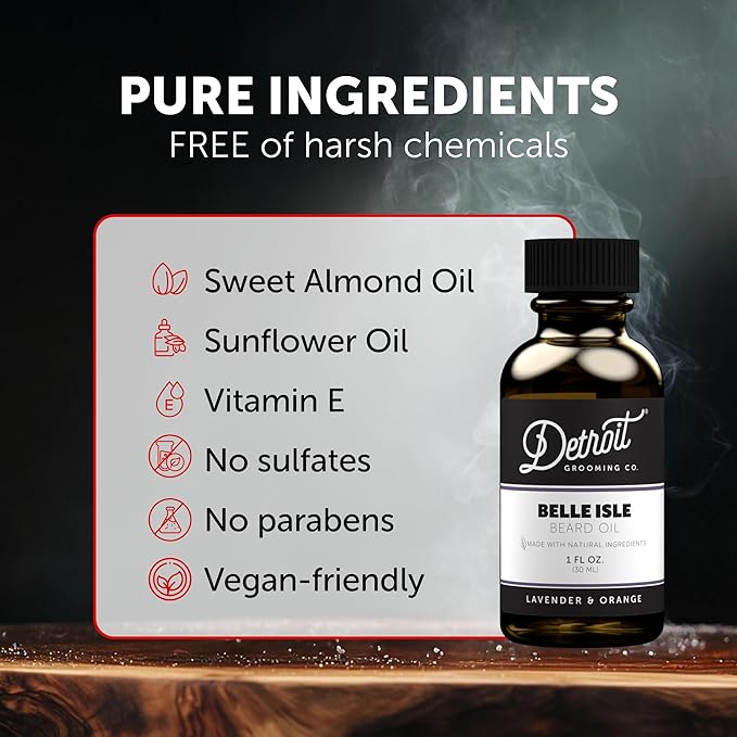 Detroit Grooming Co. Beard Oil – All-Natural, Hydrating Formula with Natural Oils, Vitamin E – Belle Isle Beard Oil (Lavender & Orange Scent) – 1 oz