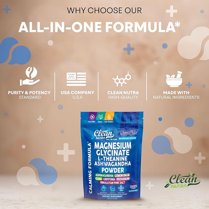 Magnesium Glycinate Powder Supplement + L Theanine Ashwagandha Glycine Apigenin Lemon Balm GABA 5HTP Pink Salt Potassium L Tryptophan Calcium | Powdered Sleep Aid Calm Trace Minerals Vitamin