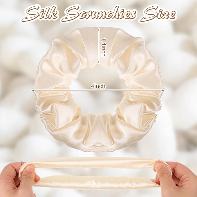 100% Mulberry Silk Scrunchies for Hair Bun Ponytail, No Damage 4 Pack Silk Hair Ties for All Hair Types Valentines Gifts for Women Girls