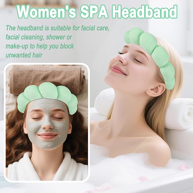 Zkptops Spa Headband for Washing Face Wristband Set Sponge Makeup Skincare Terry Cloth Bubble Soft Get Ready Hairband for Women Girl Puffy Padded Headwear Non Slip Thick Hair Accessory(Light Green)