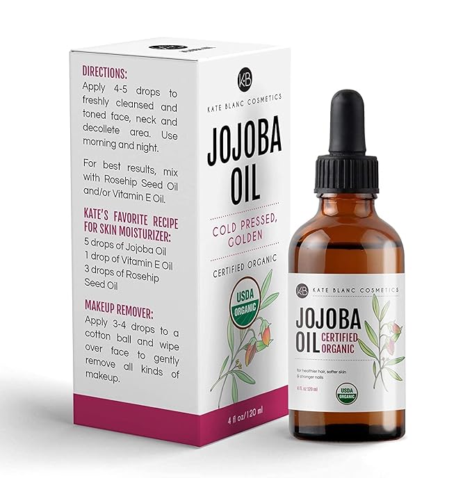 Kate Blanc Cosmetics Jojoba Oil Organic for Hair, Skin & Face (4oz, 100% Pure, Cold Pressed, Natural, Hexane Free, Glass Bottle)