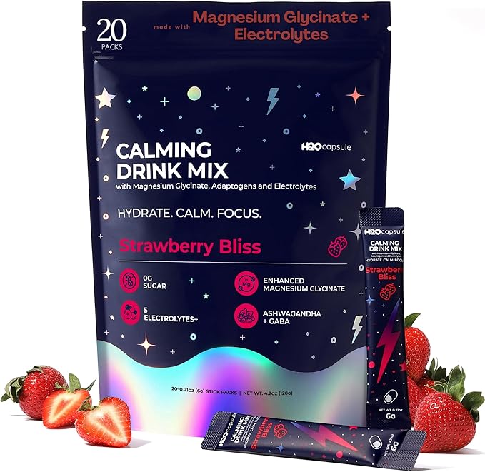 Calm Magnesium Glycinate Powdered Drink Mix with Electrolytes –Sugar Free with Ashwagandha, L-Theanine, Vitamin B6 &GABA – Cortisol Support, Stress Relief, Hydration & Focus - 20 servings (Strawberry)