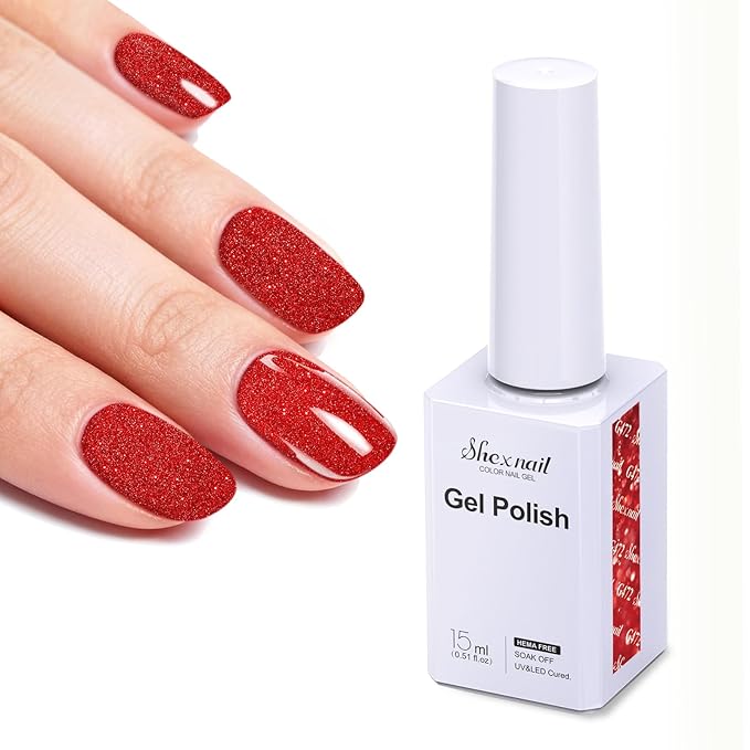 Gel Nail Polish, Hema Free Gel Polish UV LED Lamp Cure Long Lasting, 15ML Professional Salon and Home DIY Manicure Kit for Women (Red Glitter)