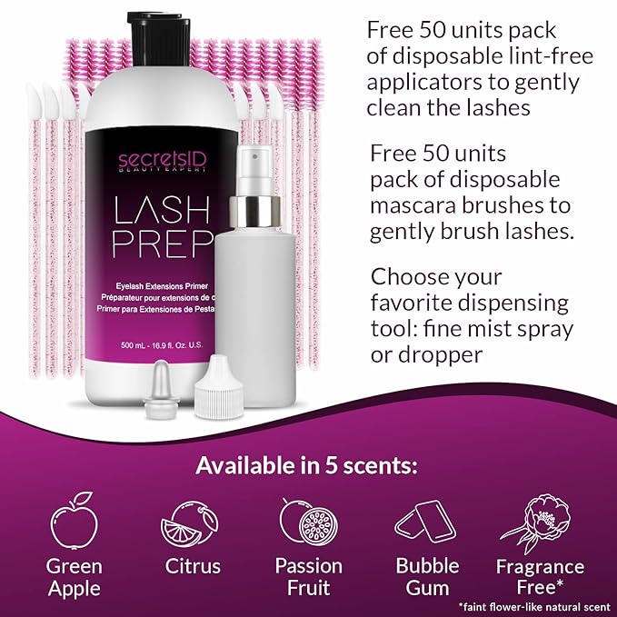 3 in 1 Eyelash Extension Primer Bulk 16 Oz - No Rinse Lash Cleanser and Bonder - Made in America Kit with 100 Wands for Lash Technicians and Brow Stylists for Optimal Retention - Green Apple Scent