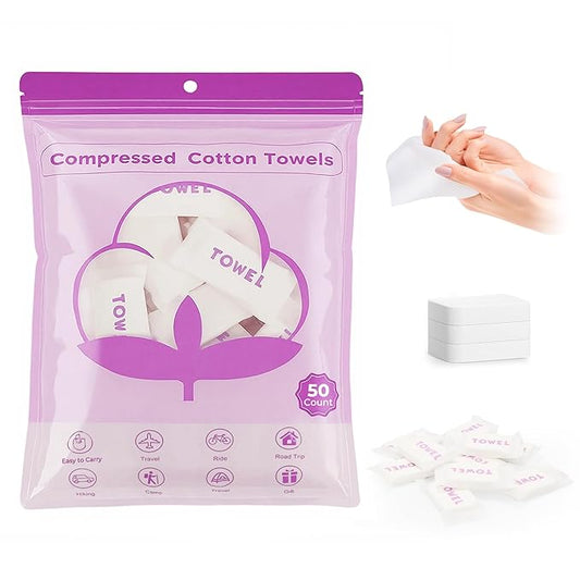 Classycoo XL Compressed Towel Tablets- 50 PCS Disposable Face Towelettes Washcloths Mini Purse Travel Size Essentials, Portable Cotton Coin Tissue for Camping, Hiking, Sport, Hand Wipes (Thickened)