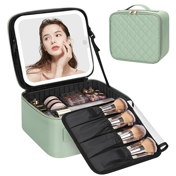 Relavel Travel Makeup Bag With LED Mirror, Portable Cosmetic Organizer Bag with Adjustable Brightness in 3 Color Scenarios, Small Train Case with Detachable Dividers for Trip- Green