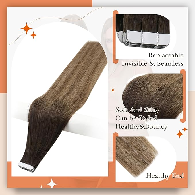 Full Shine Brown And Blonde Tape in Hair Extensions Balayage Color 2/6/18 Natural Tape Extensions Double Sided Hair Extensions Tape Hair Seamless Straight Real Hair Extension 14Inch 20pcs 50G