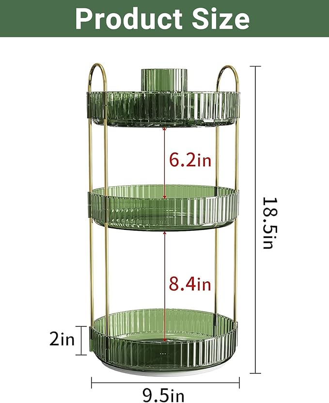 360 Rotating Makeup Organizer,3 Tier Large Capacity Make Up Organizers and Storage,Skincare Perfume Vanity Organizers,Bathroom Cosmetics Storage Organizer Countertop (Green)