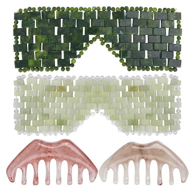 2 Jade Eye Mask and 2 Jade Comb Multi-Functional for Guasha Massage Facial Tools and Head Spa Tools Gifts, Totally 4 Pcs Esthetician Supplies (Both Colors)
