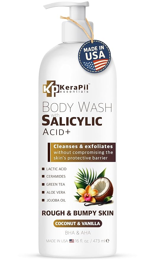 KERAPIL Exfoliating Body Wash with Salicylic Acid - No Dry Out, Gentle Exfoliates Rough and Bumpy Skin, Body Acne Wash, BHA & AHA - Coconut and Vanilla with Salicylic Acid - (16 fl oz)