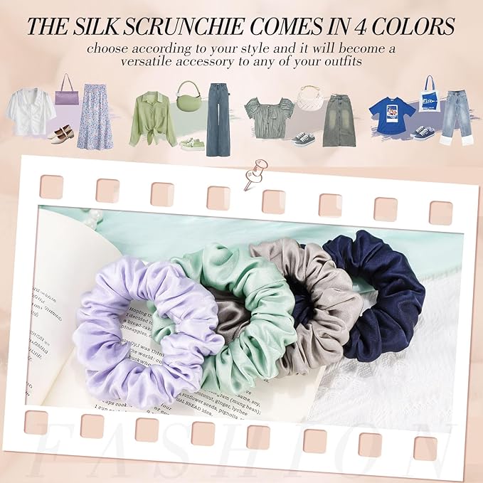 4Pcs Mulberry Silk Hair Scrunchies, Sage Green Silk Hair Ties for Hair Sleep for Frizz Breakage Girls Valentines Day Outfit