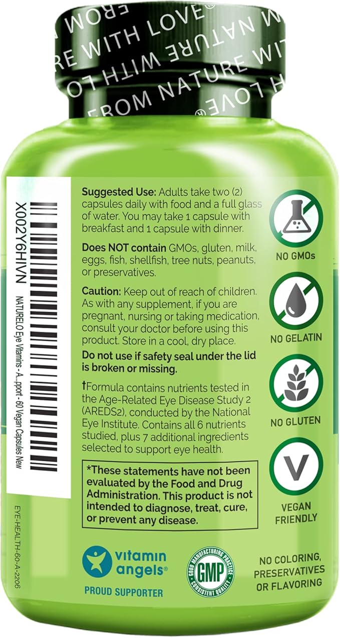 NATURELO Eye Vitamins - AREDS 2 Formula Nutrients with Lutein, Zeaxanthin, Vitamin C, E, Zinc, Plus DHA - Supplement for Dry Eyes, Healthy Vision, Eye Support - 60 Vegan Capsules (Pack of 2)