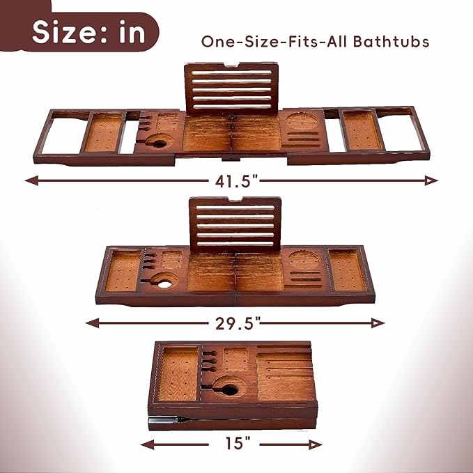 Premium Foldable Bamboo Bathtub Tray Caddy, Expandable Bath Caddy Tray with Holder, Brown Bath Shelf Over Tub, Spa Bathroom Accessories & Gifts for Home