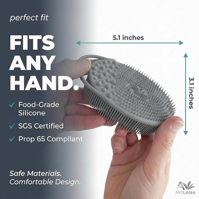 Avilana Premium Exfoliating Body Scrubber - 8 Years Trusted Since 2017 - SGS Certified Silicone Bath Brush, Firm Bristles Smooth Rough Bumpy Skin Texture, Dual Sided Loofah Alternative Women Men Kids