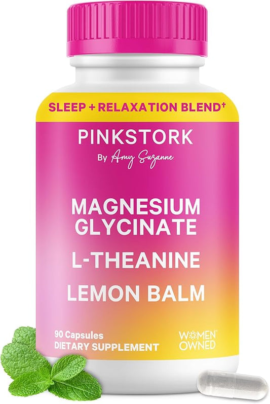 Pink Stork Magnesium Glycinate, L-Theanine, Lemon Balm - Melatonin-Free Magnesium for Sleep Support - Natural Calm and Relaxation - 90 Capsules