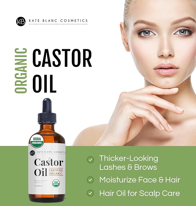 Kate Blanc Cosmetics Castor Oil Organic (4oz), 100% Pure, Cold Pressed, Hexane Free. Natural Oil for Hair, Eyelashes, Eyebrows. Skin Moisturizer with Starter Kit