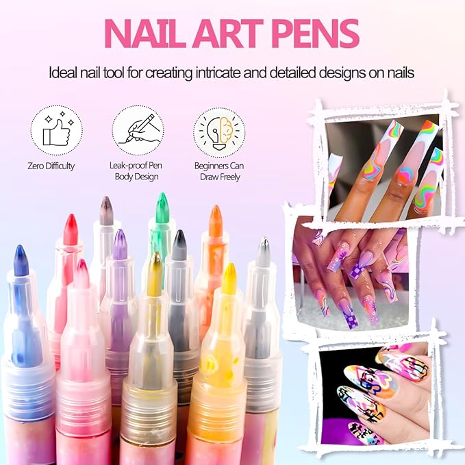 Nail Art Pens for Painting Nails, 12 Colors Nail Art Markers Gel Polish Pens Dotting Liner Brush for DIY Nail Design, Home & Salon Manicure Tools