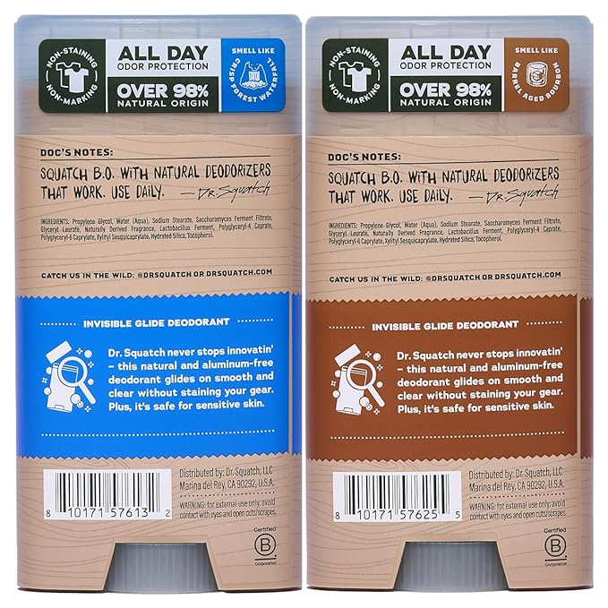 Dr. Squatch Invisible Glide Natural Men’s Deodorant – Smooth Glide, No Stains – Aluminum Free Deodorant Men – Safe for Sensitive Skin – Fresh Falls + Wood Barrel Bourbon – 2.65oz (2-Pack)