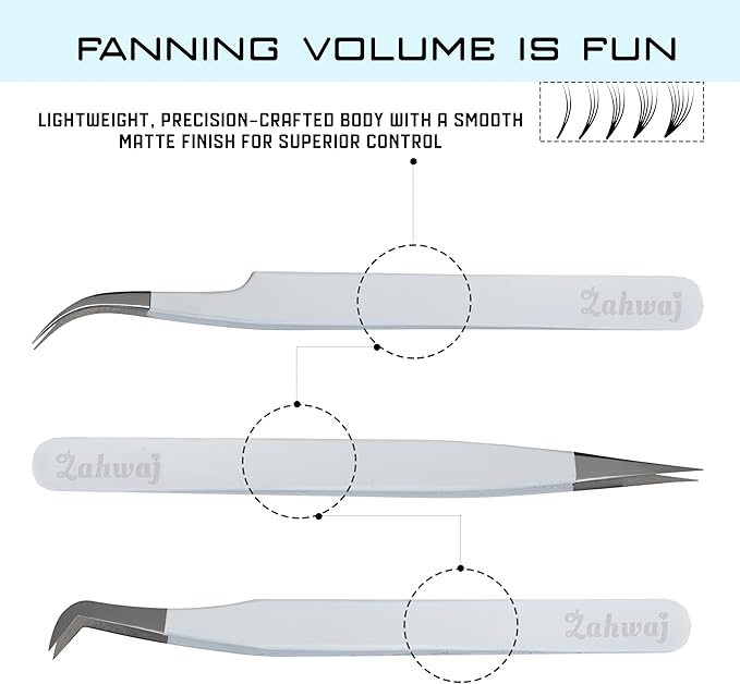 Lash Tweezers for Eyelash Extensions, Set of 3 - Volume, J Curved, Isolation Tweezers with Fiber Tips in White Colors, Ideal for Mega, Volume & Russian Lashes