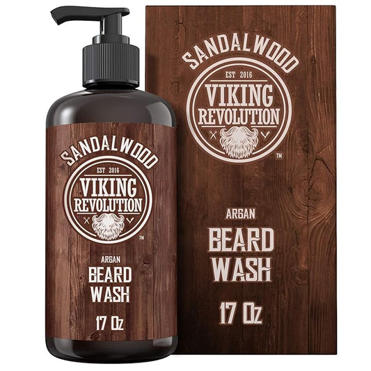 Viking Revolution Beard Wash Shampoo w/Argan & Jojoba Oils - Softens & Strengthens - Sandalwood Scent - 17 oz Shampoo