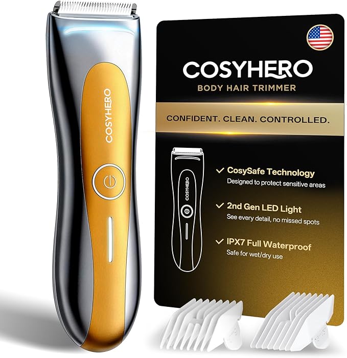 Manscape Groin & Body Hair Trimmer for Men, Electric Ball Shaver & Pubic Grooming Kit, LED Light, IPX7 Waterproof Wet/Dry Groomer, Rechargeable Manscaper with Ceramic Blades (Gold)