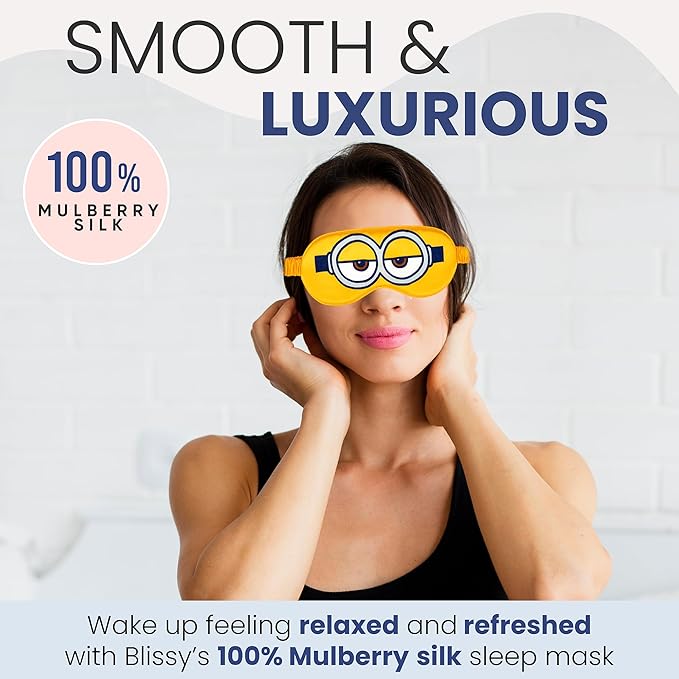 Blissy Silk Sleep Mask - Eye Sleeping Mask for Women & Men for Total Blackout - 100% Pure Mulberry Silk, 22 Momme 6a Fibers - Blindfold Sleep Mask Side Sleeper Eye Cover (Minion)
