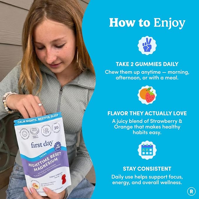 First Day Teens’ Nighttime Reset Calming Magnesium Gummies – Sleep Aid Supports Peaceful Rest, Balanced Mood & Energy – Supplement with Magnesium Citrate, Affron & No Melatonin – 30-Day Supply