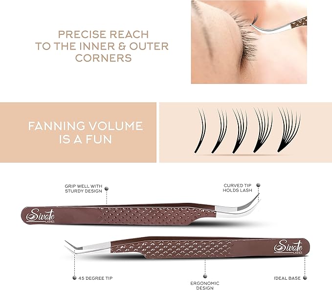 SIVOTE Lash Extension Tweezers Fiber Tips, Set of 4, Curved, Dolphin, 90 Degree & 45 Degree Tweezer, Chocolate