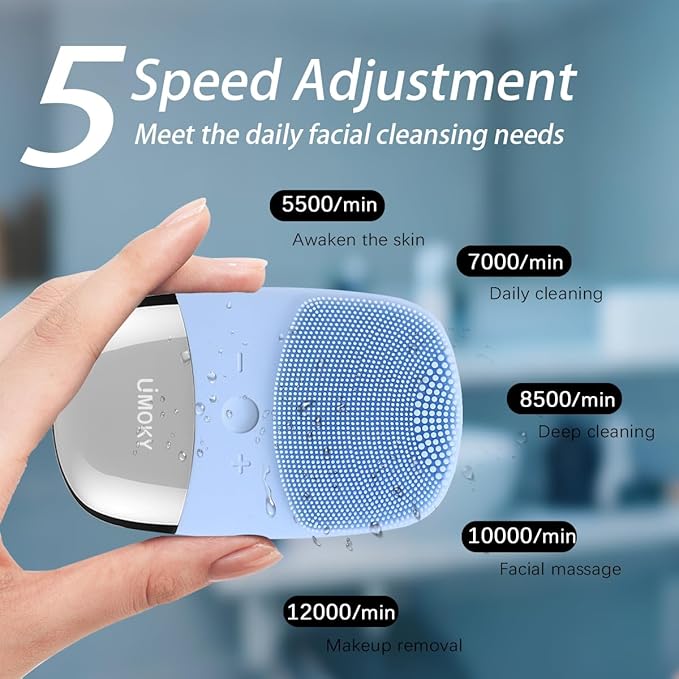 Facial Cleansing Brush, 3-in-1 Electric Silicone Face Scrubber, Vibrating Massager, IPX7 Waterproof, USB Rechargeble Pore Brush for Deep Cleanning, Blackhead Remover, Exfoliating (Blue)