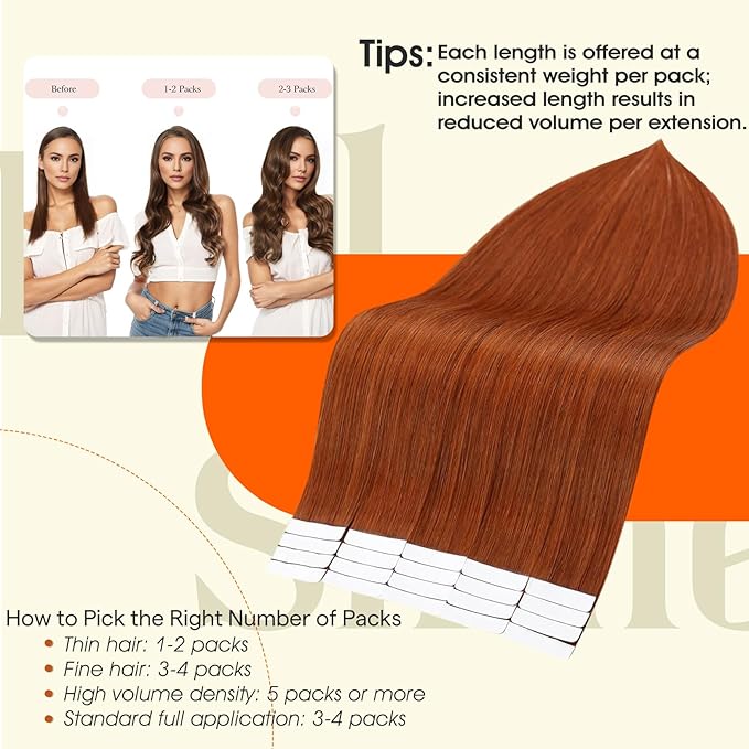 Full Shine Human Hair Extensions Tape in Color 550 Copper Remy Tape in Hair Extensions 10Inch Short Seamless Invisible Adhesive Skin Weft for Natural Look 30G 20Pcs Add Volume for Party