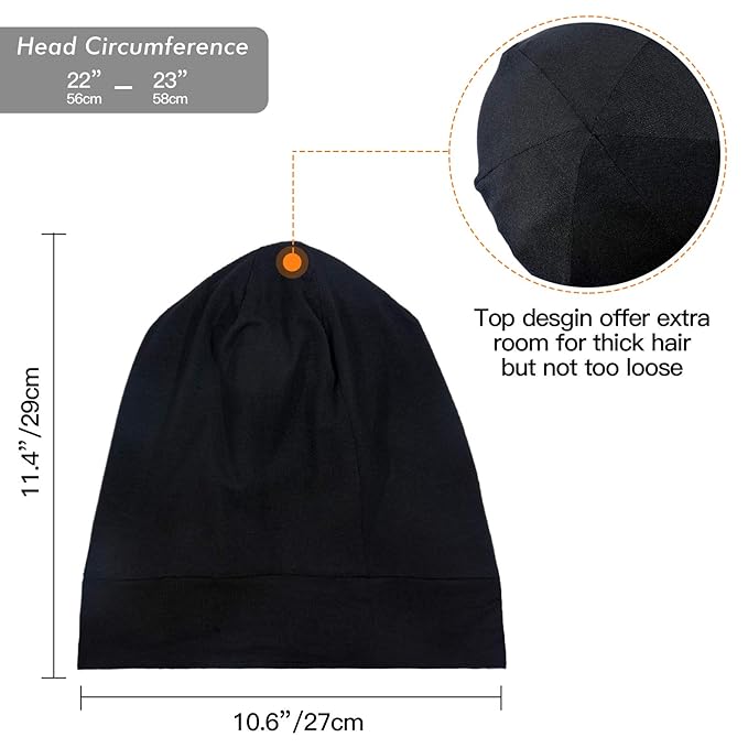 Silky Satin Lined Bonnet Sleep Cap - Adjustable Stay on All Night Hair Wrap Cover Slouchy Beanie for Curly Protection Women and Men Solid Black