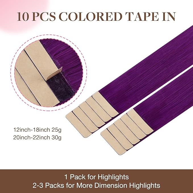 GOO GOO Tape in Hair Extensions Human Hair, Purple, 18inch 25g 10pcs, Colored Tape ins Human Hair Extensions, Silky&Soft Invisible Tape Ins, Hair Highlighted for Party