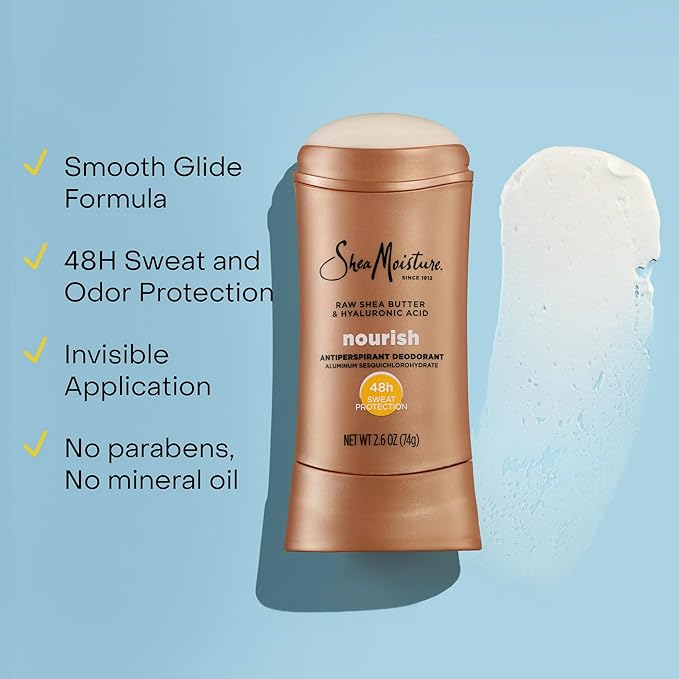 SheaMoisture Antiperspirant Deodorant Stick Moisturizing Raw Shea Butter & Hyaluronic Acid 2 Count for 48HR Sweat & Odor Protection with No Parabens & No Mineral Oil 2.6 oz