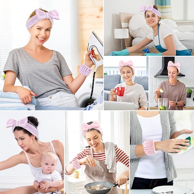6Pack Headband and Wristband Set for Washing Face, Spa Skincare Makeup Headband, Soft Puffy Hair Band Bow Tie, for Women and Teen Girl Trendy Stuff Gifts
