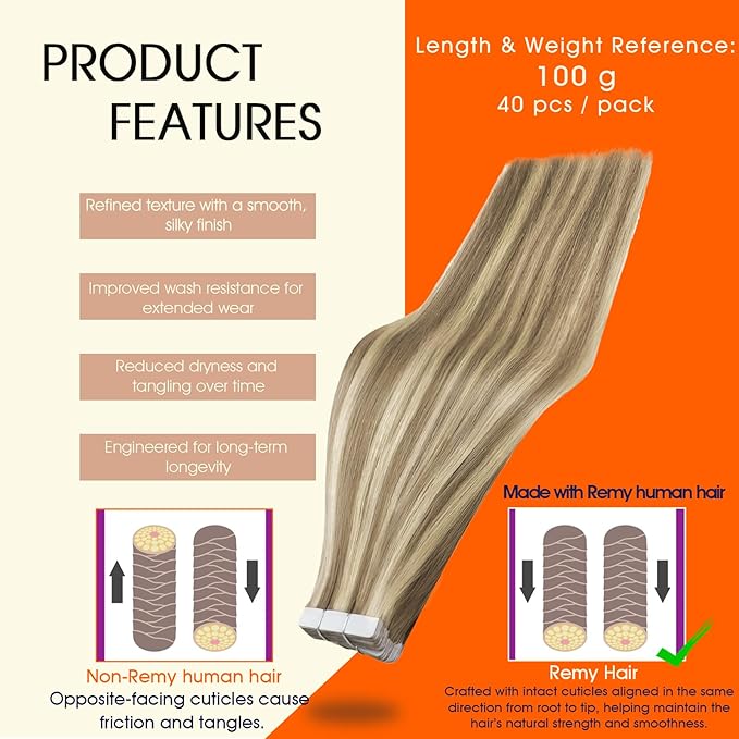 Full Shine Hair Extensions Tape in Color 16P22 Highlighted Blonde Tape in Hair Extensions Human Hair Bridal Hairstyles 20Inch 100G 40Pcs Straight Silky Seamless Skin Weft