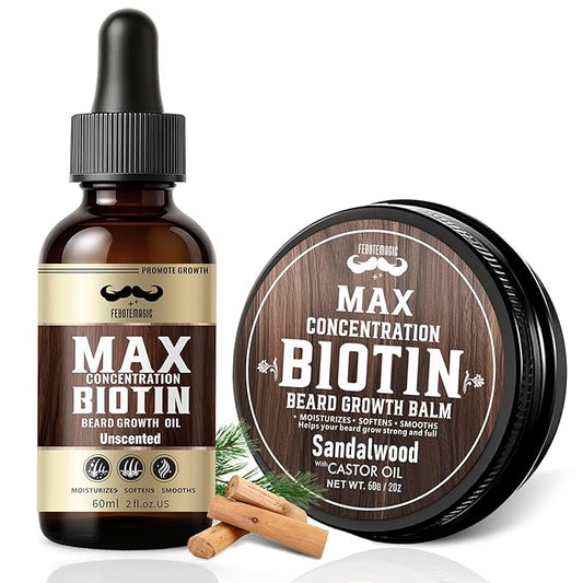 4X Concentration Biotin Beard Kit for Men – Unscented Oil & Sandalwood Balm Set (2 Pack) – Moisturizes, Softens & Promotes Growth – Premium Beard Grooming Gift for Father’s Day or Him