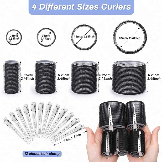 Selizo Hair Roller 28 Pcs Set, Includes 16Pcs Self-Grip Hair Rollers in 4 Sizes and 12Pcs Hair Clips for Long Medium Short Hair Volume