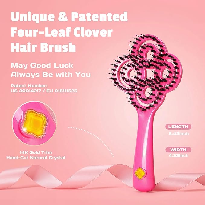 SIMETRA Lucky Hair Brush for Women, 14K Gold Plated Wet Brush Detangling Brush for All Hair Types, Natural Crystal Inlay Boar Bristle Hair brush, Curly Detangler HairBrush for Scalp Massage Gift