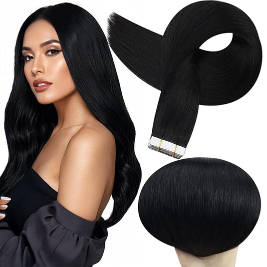 Full Shine Tape in Hair Extensions Human Hair Color 1 Jet Black Tape in Extensions 18Inch Straight Seamless Skin Weft 100G 40Pcs Invisible Extension for Women Add Volume