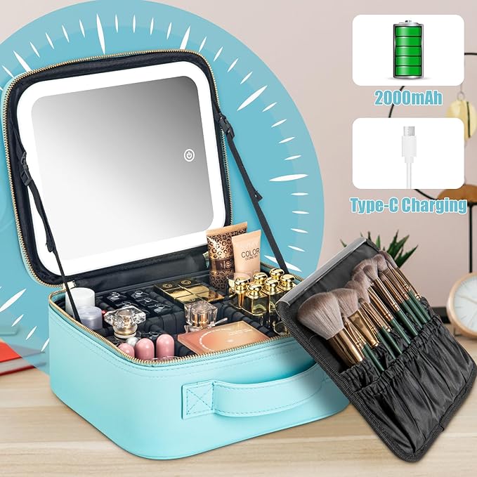 Makeup Travel Train Case with Mirror LED Light 3 Adjustable Brightness Large Cosmetic Bag Portable Storage Adjustable Partition Waterproof Makeup Brushes Make up Jewelry Gift for Women