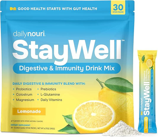 Daily Nouri StayWell Digestive & Immunity Drink Mix | Gut Health, Digestion, Immunity & Energy | Probiotics, Prebiotics, Colostrum & Daily Vitamins | 30 Stick Packs